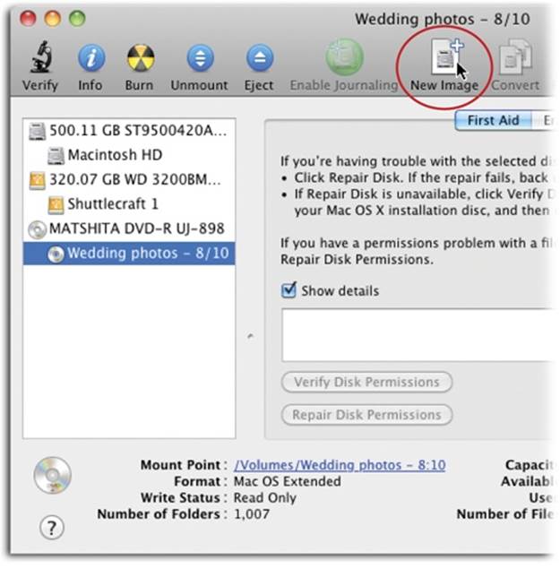 Be sure to click the CD or DVD icon bearing a plain-English name, like “iPhoto Library” or “Wedding photos” as shown here (it’s usually the last one listed). Don’t click the icon bearing your CD burner’s name, like “MATSHITA DVD-R.”
