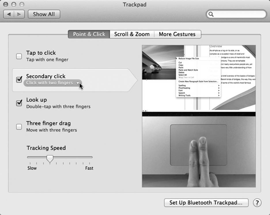The Trackpad pane of System Preferences looks different depending on your laptop model. But this one shows the three ways to get a “right-click.”