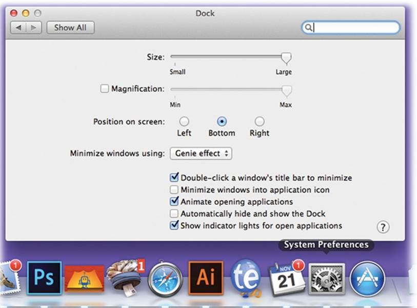 To make your Dock icons bigger or smaller, choose →Dock→Dock Preferences. Leave the Dock Preferences window open on the screen, as shown here. After each adjustment of the Dock size slider, try out the Dock (which still works when the Dock Preferences window is open) to test your new settings.