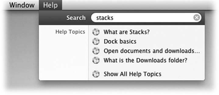 You can type a few words here to specify what you want help with: “setting up printer,” “disk space,” whatever.After a moment (sometimes several moments), the menu becomes a list of Apple help topics pertaining to your search. Click one to open the Help browser described next; you’ve just saved some time and a couple of steps