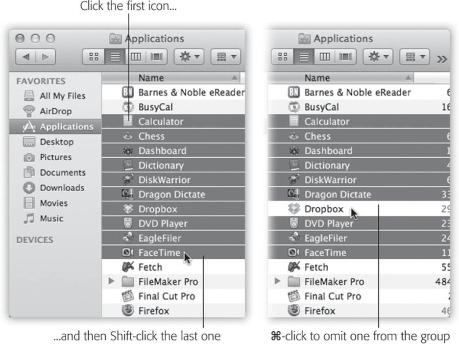 Left: To select a block of files in list view, click the first icon. Then, while pressing Shift, click the last one. OS X highlights those files and all the files in between your clicks. This technique mirrors the way Shift-clicking works in a word processor and in many other kinds of programs.Right: To remove one of the icons from your selection, ⌘-click it.