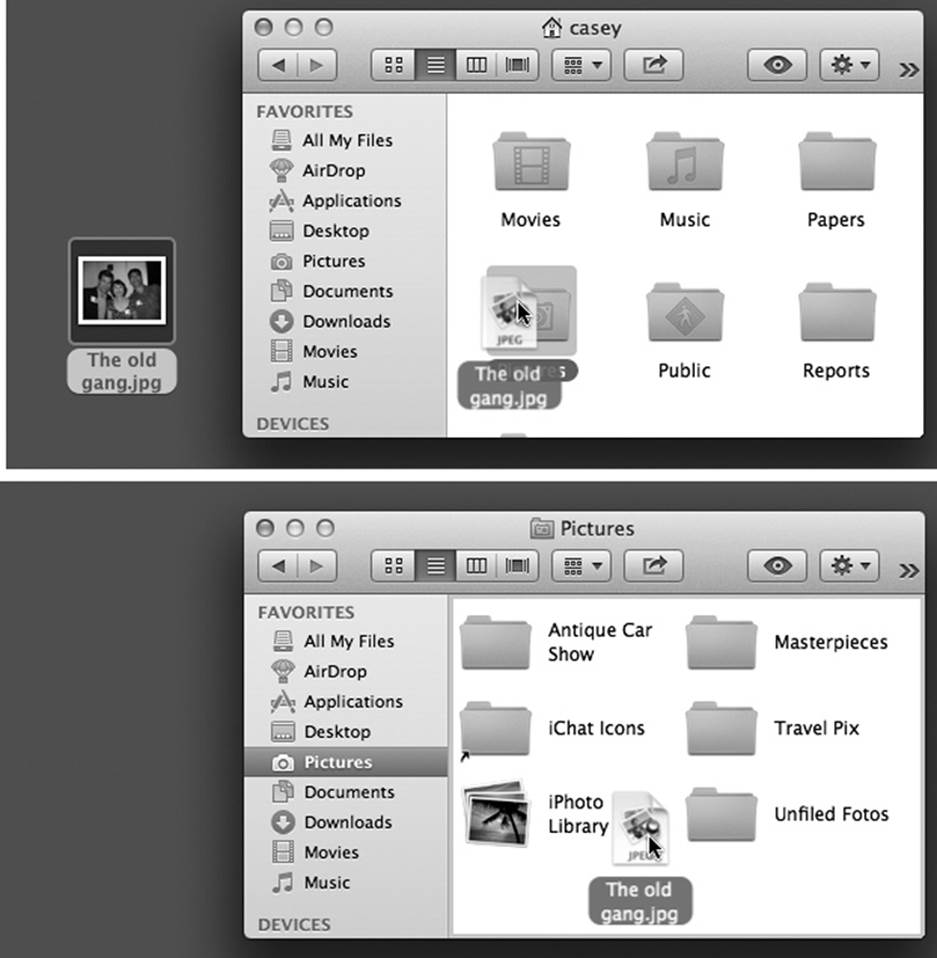Top: To make spring-loaded folders work, start by dragging an icon onto a folder or disk icon. Don’t release the mouse button. Wait for the window to open automatically around your cursor.Bottom: Now you can either let go of the mouse button to release the file in its new window or drag it onto yet another, inner folder. It, too, will open. As long as you don’t release the mouse button, you can continue until you’ve reached your folder-within-a-folder destination.