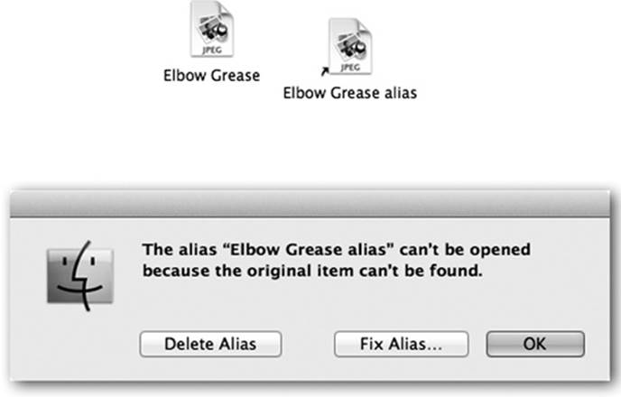 Top: You can identify an alias by the tiny arrow badge on the lower-left corner. (Longtime Mac fans should note that the name no longer appears in italics.)Bottom: If the alias can’t find the original file, you’re offered the chance to hook it up to a different file.