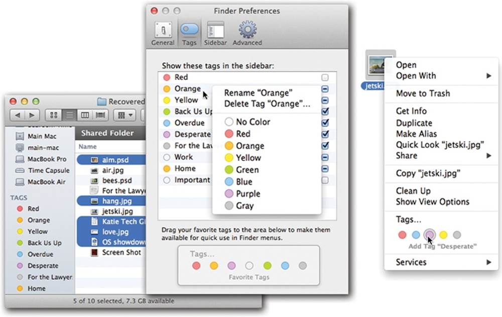 Middle: In Finder→Preferences→Tags, you can right-click a tag for the shortcut menu shown here. It lets you rename a tag, delete it, or choose a different color.Left: You can install some favored tags in the Sidebar.Right: An even smaller set of favorites appears in Finder menus and shortcut menus.