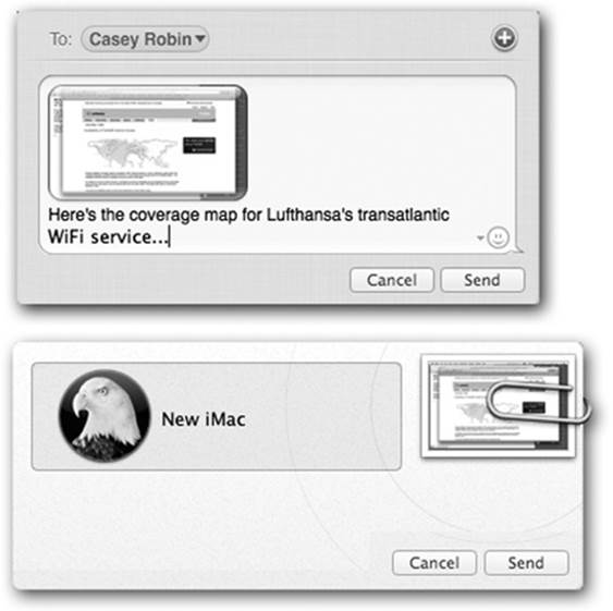 The Share menu in every Finder window offers direct access to three ways of transmitting a selected file icon to somebody else.Top: For example, you can send a file to somebody’s cellphone or iMessage account. Just specify the lucky winner’s name here—and add a smiley face, if the mood strikes you (use the pop-up menu in the lower right).Bottom: Alternatively, you can send a file to a nearby Mac (running Lion or later) without having to fiddle with network or sharing settings. Just type the name of the Mac you want and then click Send.