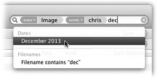 Each time you add a criterion by clicking the drop-down list shown in Figure 3-4, the Mac adds a new token (criterion bubble) to the search box.