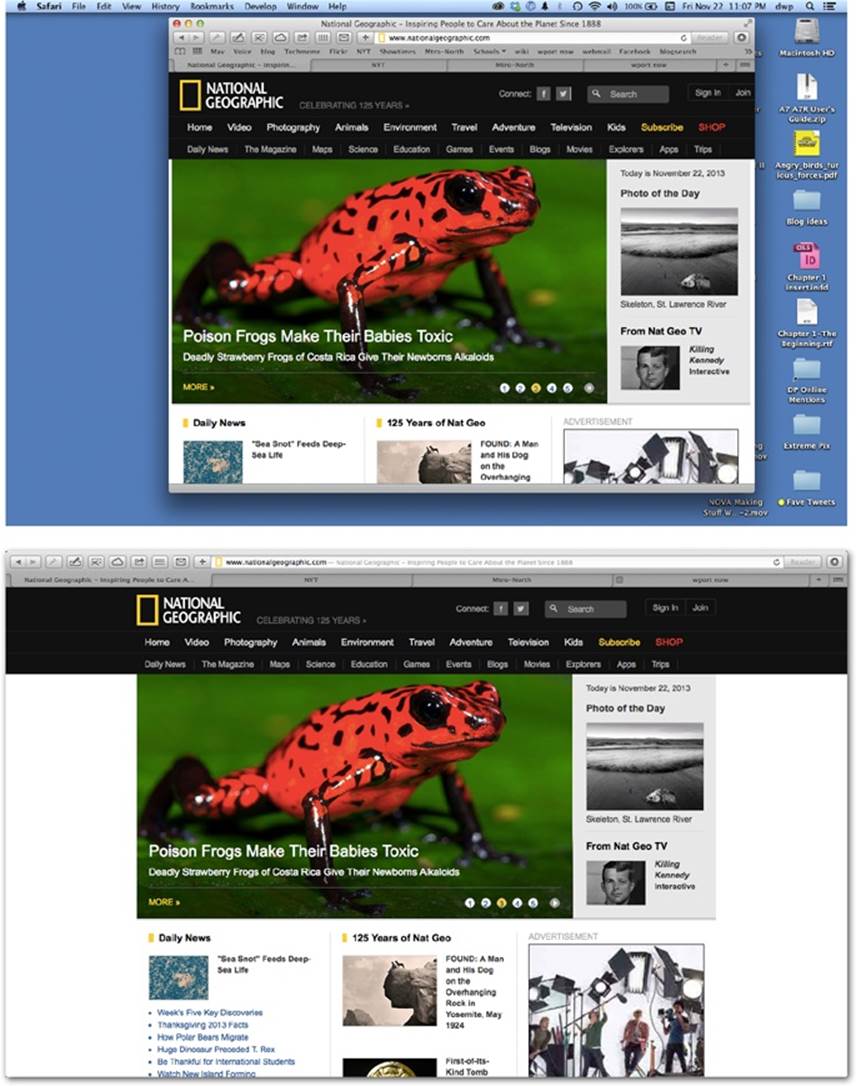 Top: So much for the glorious Web. You’re seeing a Web page segment, swimming in an ocean of toolbars, scroll bars, status bars, menu bars, and distracting desktop.Bottom: In Full Screen mode, Safari stretches to the very edges of your screen, and everything else disappears. (Your address bar and tab bars are still available in this case.)Each full-screen app becomes its own desktop in Mission Control. And you can put a full-screen app on each of your monitors, too.Tip: Wouldn’t it be nice if there were a keyboard shortcut for bringing the menu bar back, if nothing else, so that you can check your battery level and the time of day? There is: Press ⌘-space bar. That’s the keystroke for Spotlight, the Mac’s master search bar—but it also makes the menu bar appear. Press the same keystroke to hide the menu bar again.