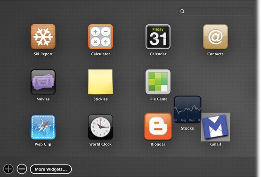 The Widget browser works exactly like the Launchpad. Move widget icons around by dragging. Drag one widget on top of another to create a folder. Search using the box at the top of the screen. Start them wiggling, for ease of mass deletion, by holding your cursor down on any icon, or by clicking the big button. Read pages 148–152 again, taking care to mentally substitute the word “widget” for “app.”
