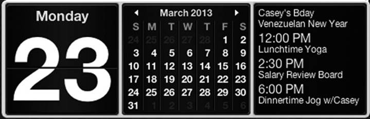 Click the “today’s date” panel to expand the second panel, which shows the month. (Click and to move a month at a time.) Click a third time to reveal whatever’s on the calendar for the remainder of the day today, as recorded in Calendar.