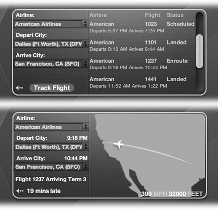 Top: Most of the time, Flight Tracker is like a teeny, tiny travel agent, capable of showing you which flights connect to which cities. But if one of the flights is marked “Enroute,” then double-click it.Bottom: You see an actual map of its progress, as shown here. You also get to see its speed and estimated arrival status (early, late, or on time), and even which terminal it will use upon landing. If you click the plane, you can zoom in on it.