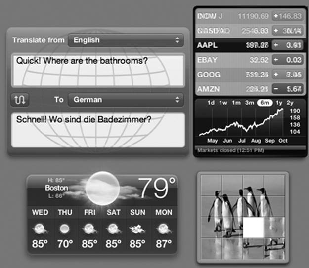 More of Apple’s built-in widgets. Clockwise from top left: Translation, Stocks, Tile Game (showing a penguin photo dragged in to replace the original picture), and Weather.