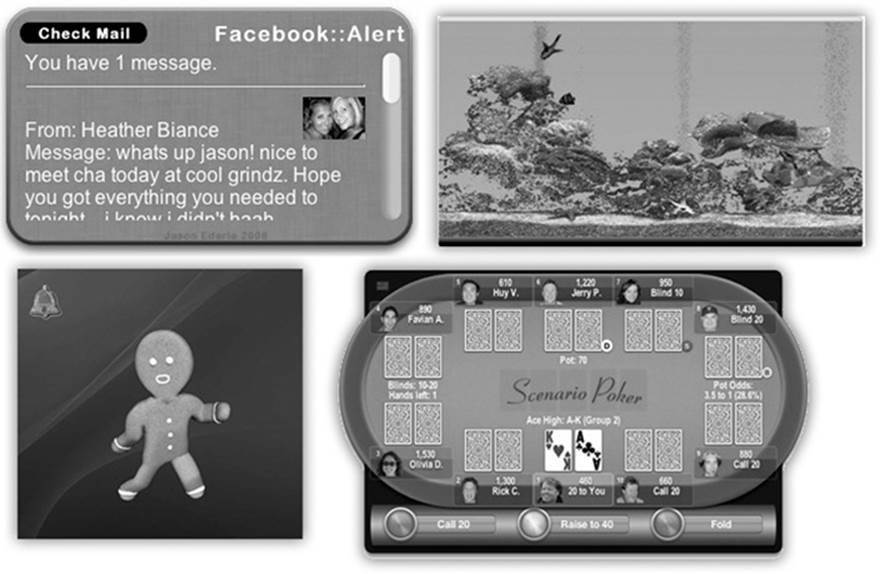 Not all good things come from Apple. Here’s a representative sample of widgets written by other people. Clockwise from top left: Facebook Alert, Dashboard Aquarium, Scenario Poker, and Dancing Gingerbread Man.