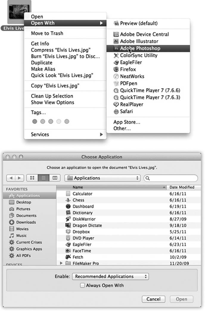 Top: The shortcut menu offers a list of programs capable of opening an icon. If you were to press the Option key right now, the words “Open With” would suddenly change to say “Always Open With.”Bottom: If you choose Other, you’re prompted to choose a different program. Turn on Always Open With if you’ll always want this document to open in the new parent program. Otherwise, this is a one-time reassignment.