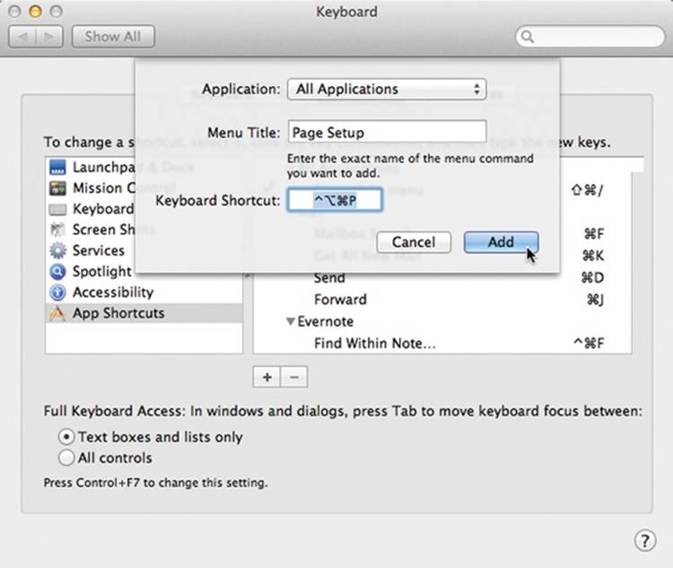 If you choose All Applications from the top pop-up menu, you can change the keyboard combo for a certain command wherever it appears. You could, for example, change the keystroke for Page Setup in every program at once. (Beware the tiny yellow triangles; they let you know if a chosen keystroke conflicts with another OS X keystroke.)