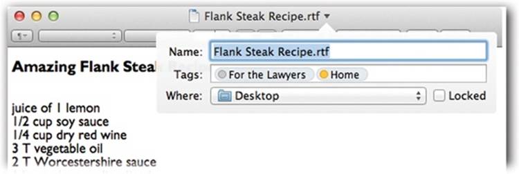 Point to the title of your document to see this secret menu, updated for Mavericks. It lets you rename the document, change its tags, or file it into a new folder, without ever leaving the window.