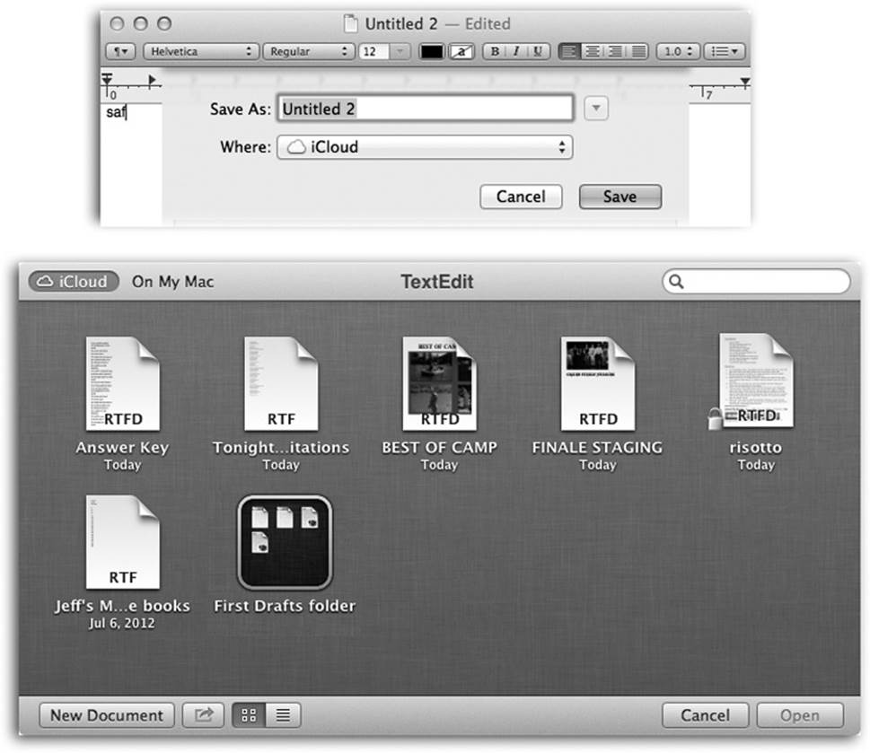 Top: iCloud-aware programs like TextEdit propose saving new documents online.Bottom: When you click the iCloud button in the top-left corner of the Open box, you see all the documents you’ve saved online, from newest to oldest. You can switch between list and icon views (lower left). You can create folders by dragging one icon onto another. You can even send these documents to others, using the button.
