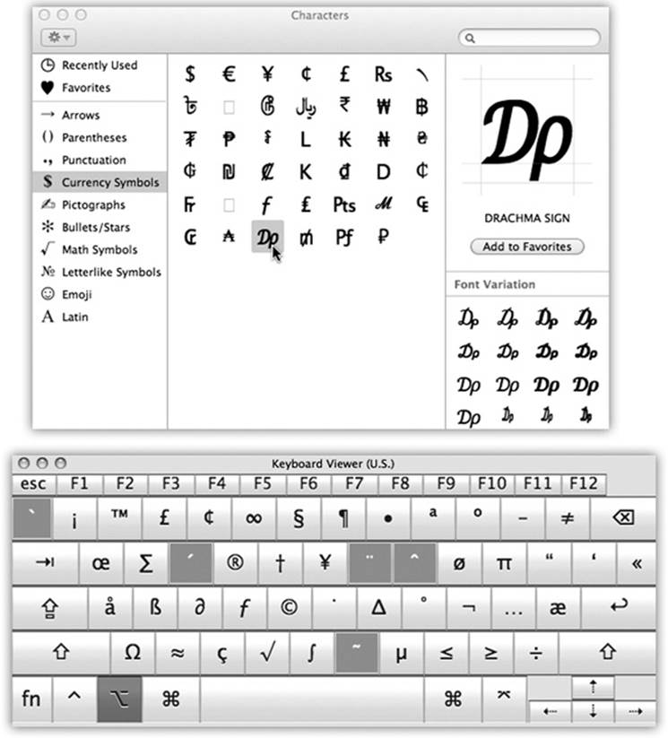 Top: You can preview variations of the same symbol in the Font Variation panel. You can also use the search box to find a symbol by name: “heart” or “yen” or “asterisk,” for example. And if you click the menu in the top left, you can choose Customize List—and you’ll have access to a staggering array of even more symbol categories, including wacky symbols from other alphabets.Bottom: How do you make a π symbol? Keyboard Viewer reveals the answer. When you press the Option key, the Keyboard Viewer keyboard shows that the pi character (π) is mapped to the P key. To insert the symbol into an open document, just click it in the Keyboard Viewer window.