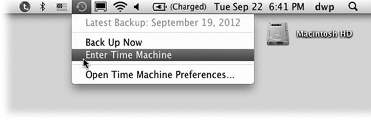 Top: Choose Enter Time Machine from the menulet. (If you don’t see this menulet, turn on “Show Time Machine status in the menu bar,” shown in Figure 5-13.)Bottom: This is the big payoff for all your efforts. The familiar desktop slides down, dropping away like a curtain. For the first time, you get to see what’s been behind the desktop all this time. Turns out it’s outer space. Time Machine shows you dozens of copies of the Finder window, representing its condition at each backup, stretching back to the past. If the “ruler tick marks” are both pink and gray, you’re seeing backups on both your laptop’s own hard drive and the usual external drive, as described earlier in this chapter.