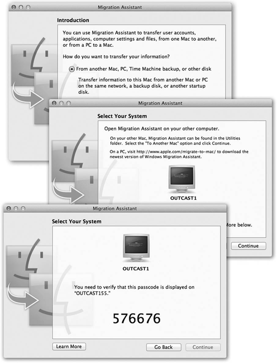 Here’s the Mac’s view of the Windows Migration Assistant procedure.Top: Tell it you’re transferring data from a PC.Middle: The Mac sees the PC on the network and displays its name and icon.Bottom: Here’s the passcode that, if you’re lucky, also shows up on the PC’s screen. (You don’t have to type it in anywhere, so it’s really not a passcode.)