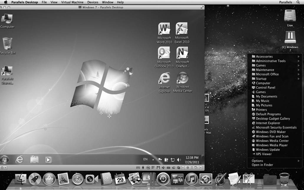 The strangest sight you ever did see: OS X and Windows. On the same screen. At the same time. Courtesy of VMware Fusion. Parallels is very similar.