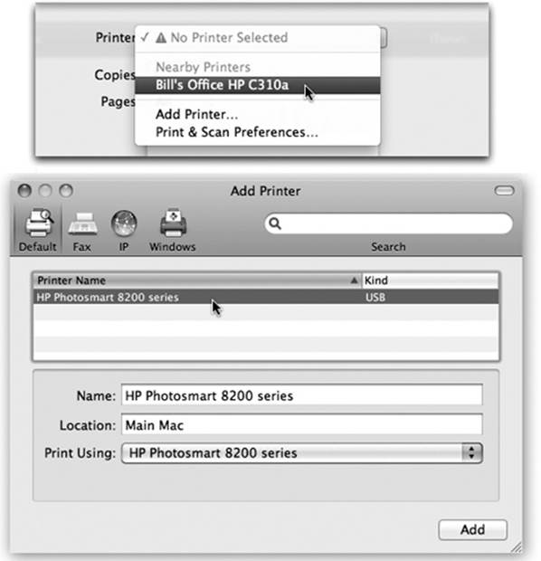 Top: To introduce your Mac to a new printer, try to print something. If you have a USB printer or a “nearby” one, it’s probably listed here already. Off you go.If your printer isn’t listed, then choose Add Printer from this pop-up menu.Bottom: Your Mac should automatically “see” any printers that are hooked up and turned on. Click the one you want, and then click Add.