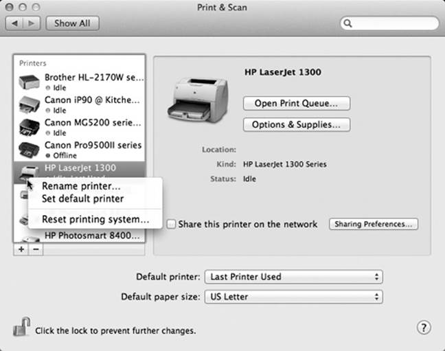 You know that stuff you read about earlier? Setting up printers from the Print dialog box? You can do the same work here. Click the button below the left-side list.