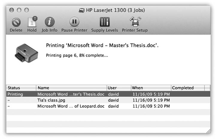 Waiting printouts appear in this window. You can sort the list by clicking the column headings (Name or Status), make the columns wider or narrower by dragging the column-heading dividers horizontally, or reverse the sorting order by clicking the column name a second time. The Supply Levels button opens a graph that shows how much ink each cartridge has remaining (certain printer models only).