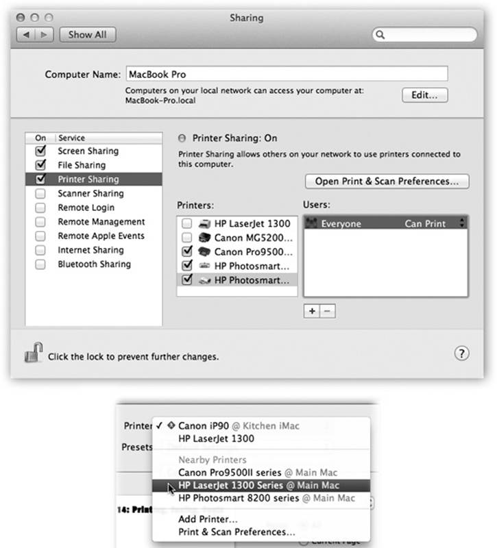 Top: On the Mac with the printer, open the Sharing panel of System Preferences. Turn on Printer Sharing, and then turn on the checkboxes for the printers you want to share. Switch to the Print & Scan pane, and turn on “Share this printer on the network” for the printer(s) you want to share.Bottom: To use a shared printer elsewhere on the network, open the document you want to print, and then choose File→Print. In the Print dialog box, the shared printer is clearly identified under the Nearby Printers heading.