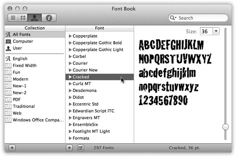 Each account holder can have a separate set of fonts; your set is represented by the User icon. You can drag fonts and font families among the various Fonts folders represented here—from your User account folder to the Computer icon, for example, making them available to all account holders.