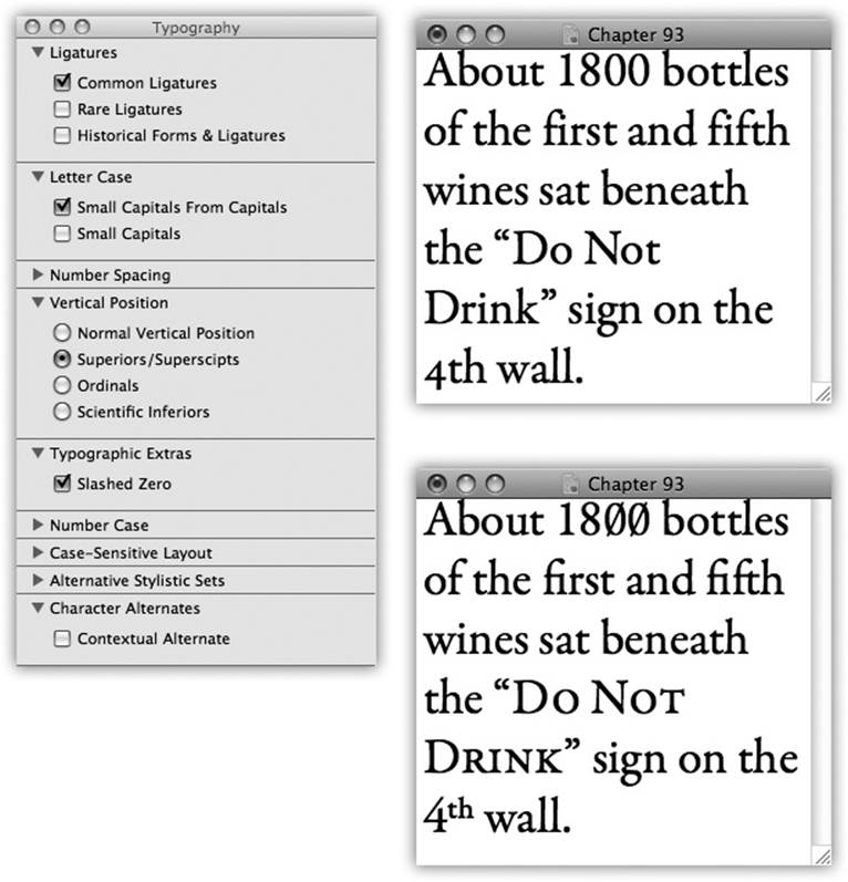 The Typography palette is a collapsible menagerie of fancy type effects, which vary by font. In this example, turning on Common Ligatures creates fused letter pairs like fl and fi; the Small Capitals option created the “Do Not Drink” style; and so on.