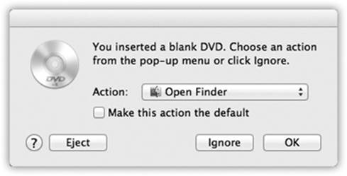 Choose Open Finder if you plan to copy regular Mac files onto the CD or DVD, or Open iTunes if you plan to burn a music CD using iTunes. (Click “Make this action the default” if you figure you’ll always answer this question the same way.) Click OK.To burn the disk, drag its icon onto the Burn icon in the Dock, or choose File→Burn Disc.