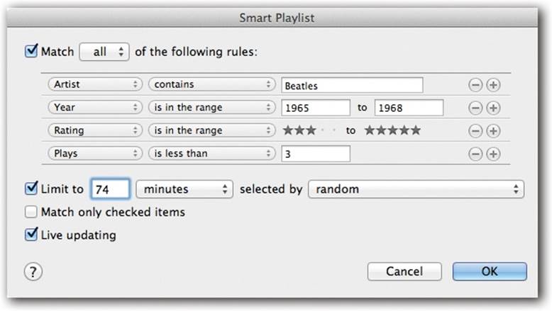 A smart playlist is a powerful search command for your iTunes database. You can set up certain criteria, like the hunt for particular Beatles tunes illustrated here. The “Live updating” checkbox makes iTunes keep this playlist updated as your collection changes, as you change your ratings, as your play count changes, and so on.