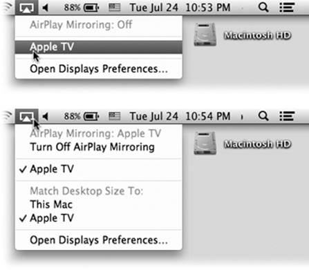 Make sure the Apple TV is on the same WiFi network as your Mac. At that point, the AirPlay menulet appears automatically.Top: From it, choose the name of your Apple TV, and presto: Whatever is playing on your Mac simultaneously plays on your big screen, both stereo audio and 720p hi-def video.To stop sending your Mac’s A/V to your TV, choose “AirPlay Mirroring: Off” from the same menulet.Bottom: Specify which screen you want to impose its shape and resolution: the Mac or the TV.