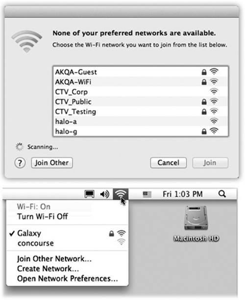 Top: Congratulations—your Mac has discovered new WiFi hotspots all around you! You even get to see the signal strength right in the menu. Double-click one to join it. But if you see a icon next to the hotspot’s name, beware: It’s been protected by a password. If you don’t know it, then you won’t be able to connect.Bottom: Later, you can always switch networks using the WiFi menulet.