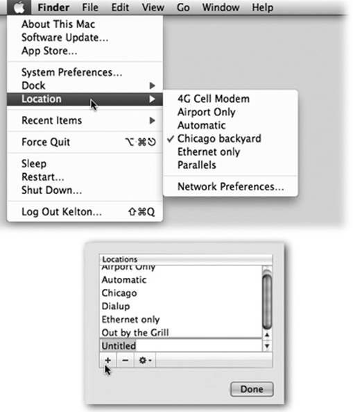 The Location feature lets you switch from one “location” to another just by choosing its name—either from the menu (top) or from this pop-up menu in System Preferences (bottom). The Automatic location just means “the standard, default one you originally set up.” (Don’t be fooled: Despite its name, Automatic isn’t the only location that offers multihoming, described earlier in this chapter.)