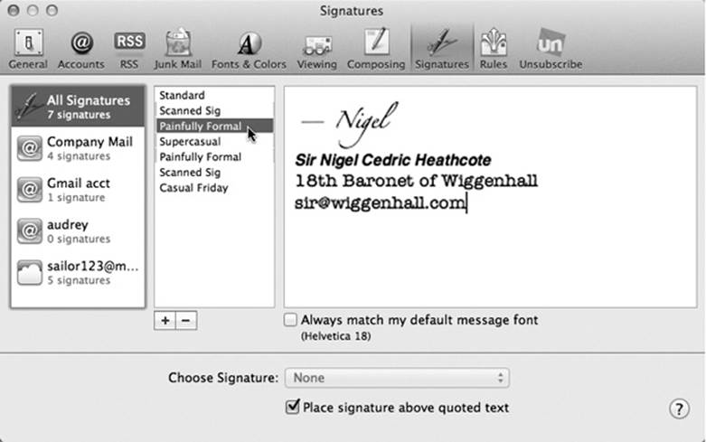 After naming your signature in the middle pane and typing the text on the right, don’t miss the Format menu, which you can use to dress up your signature with colors and formatting. You can even paste a picture into the signature box. Click OK when you’re finished. (You can use formatted signatures only when sending Rich Text messages.)