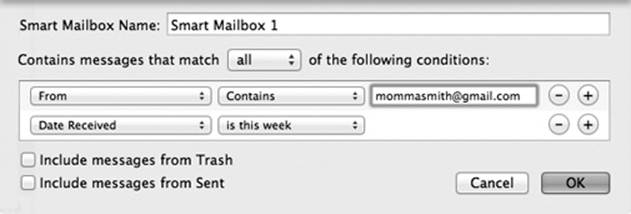 Mail lets you create self-populating folders. In this example, a smart mailbox will automatically display all messages from Momma Smith that you’ve received in the past week.