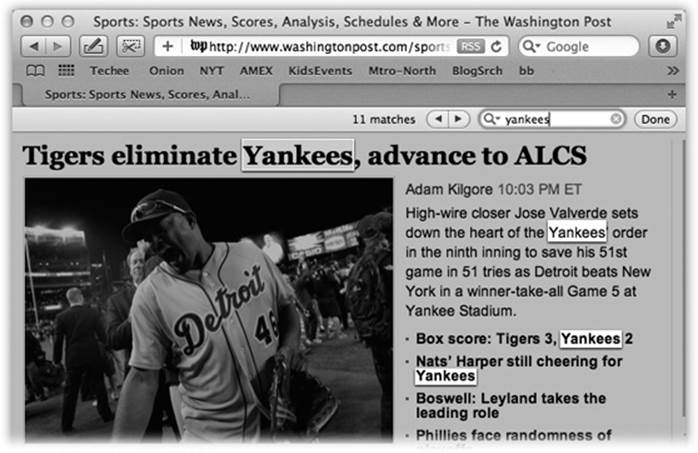 Once you enter your search word (“yankees,” in this case), the browser dims the page and highlights every instance of that word—making it much easier to find what you’re looking for across a crowded Web page.