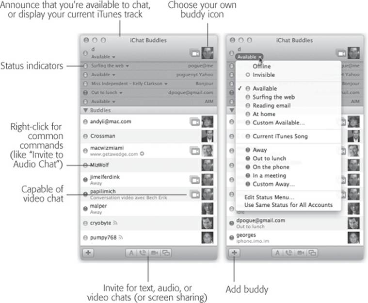Left: The buddy list combines all your contacts from all chat services. Each chat account has its own status menu at the top.Right: You can also choose Edit Status Menu to set up more creative alternatives to “Available” and “Away.”