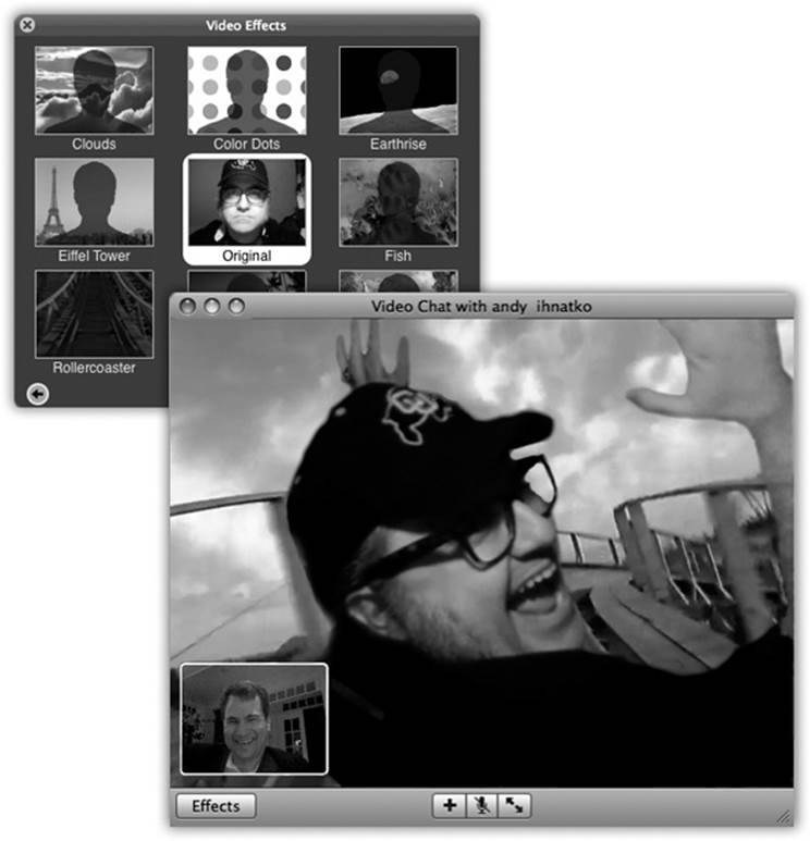 Top left: You have plenty of backgrounds to choose from for your next video chat. Click an effect to add it to your chat window. Click the small arrows at the bottom of the window to advance or retreat through the various effects styles. Click the Original square in the middle of the window to erase the effect and start again from scratch.Lower right: Let the live bluescreen action begin!