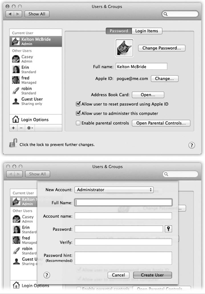 Top: The screen lists everyone who has an account. From here, you can create new accounts or change passwords. If you’re new at this, there’s probably just one account listed here: yours. This is the account OS X created when you first installed it. You, the all-wise administrator, have to click the to authenticate yourself before you can start making changes.Bottom: In the account-creation process, the first step is choosing which type of account you want to create.