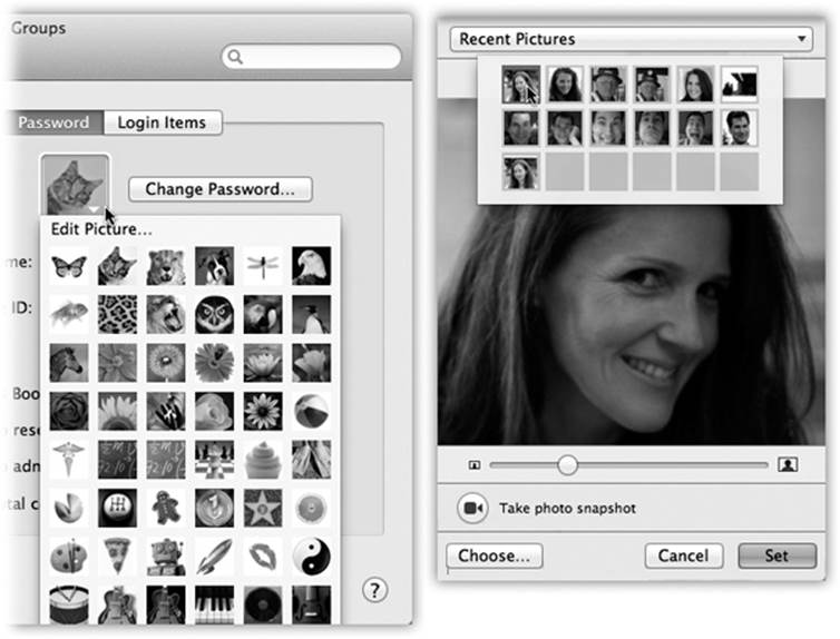 Once you’ve selected a photo to represent yourself (left), you can adjust its position relative to the square “frame” (right), or adjust its size by dragging the slider. Finally, when the picture looks correctly framed, click Set. (The next time you return to the Images dialog box, you can recall the new image using the Recent Pictures pop-up menu.)