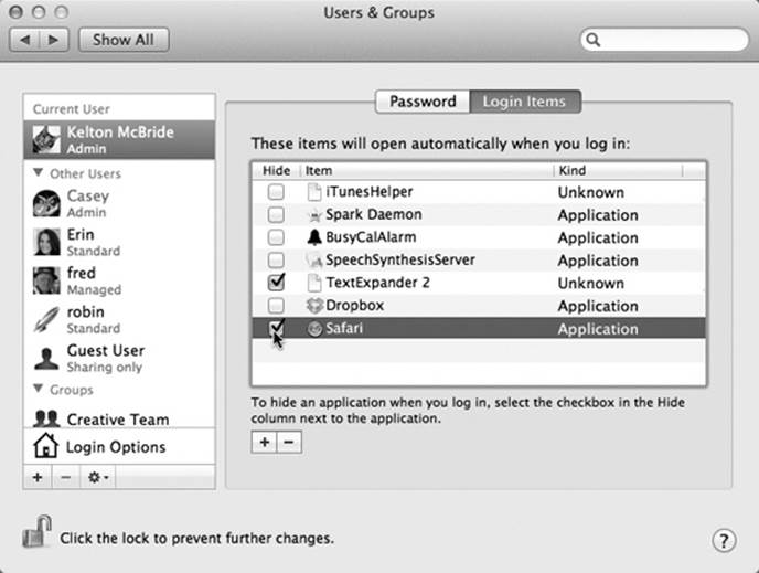 You can add any icon to the list of things you want to start up automatically. Click the button to summon the Open dialog box, where you can find the icon, select it, and then click Choose. Better yet, if you can see the icon in a folder or disk window (or on the desktop), just drag it into this list. To remove an item, click it in the list and then click the button.
