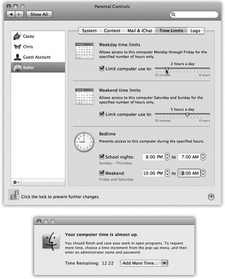 Top: If this account holder tries to log in outside the time limits you specify here, she’ll encounter only a box that says, “Computer time limits expired.” She’ll be offered a pop-up menu that grants her additional time, from 15 minutes to “Rest of the day”—but it requires your parental consent (actually, your parental password) to activate.Bottom: Similarly, as her time on the Mac winds down, she’ll get this message. Once again, you, the all-knowing administrator, can grant her more time using this dialog box.
