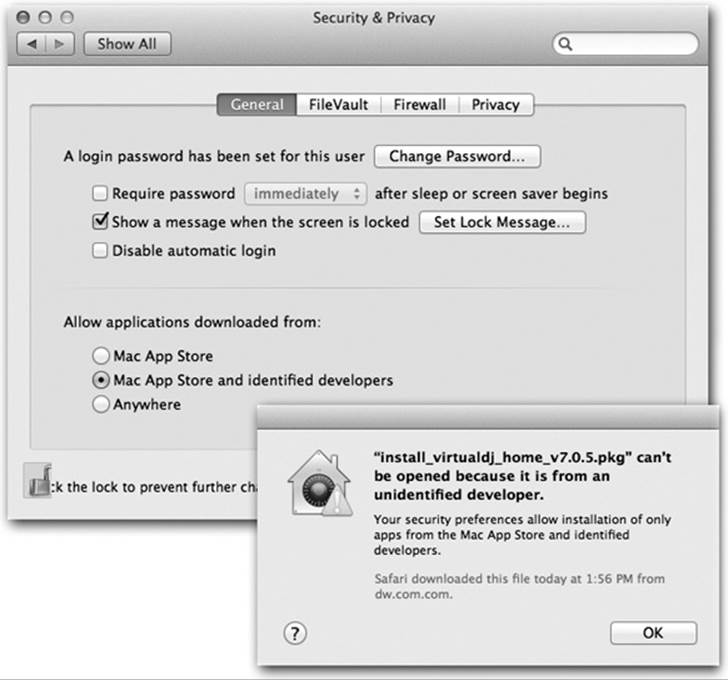 Top: The “Allow applications downloaded from” options are, in fact, the face of Gatekeeper.Bottom: If you try to open a downloaded program that Apple can’t vouch for, you get this admonishing dialog box.
