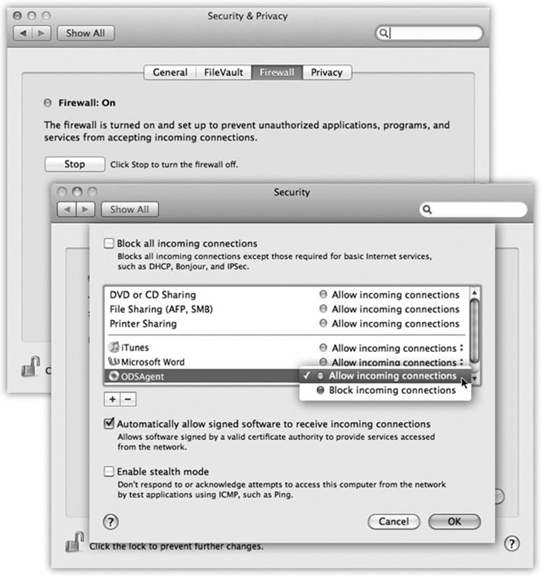 Top: The OS X firewall starts with a simple button click. The fun stuff doesn’t begin until you click Firewall Options at the bottom (it’s covered up in this shot, but it’s there).Bottom: This pane lists the programs that have been given permission to receive communications from the Internet. At any point, you can change a program’s Block/Allow setting, as shown here. You can also click the + button to navigate to your Applications folder and manually choose programs for inclusion.