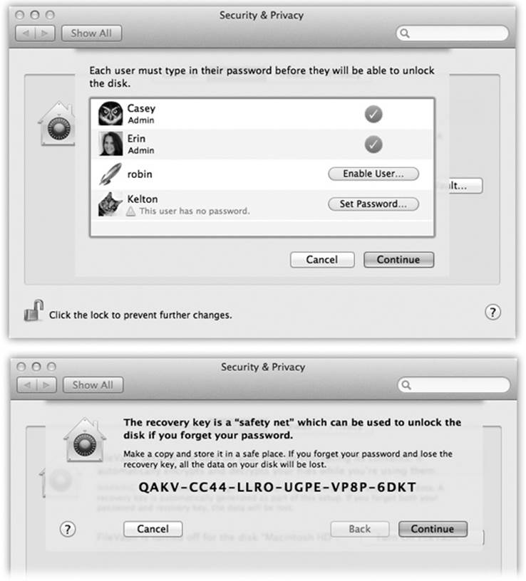 Top: You have to explicitly give permission to each person you want to allow to log in to your FileVault-protected Mac. Also, you won’t get away with no-password accounts for this trick; Kelton, shown here, won’t be able to unlock the disk at all. Click Set Password to add a password to this account.Bottom: Here’s your recovery key: a skeleton key that can get you into your encrypted Mac even if the idiot administrator forgets his password. (You have no idea how often this happens.)