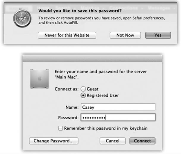 Top: Safari is one of several Internet-based programs that offer to store your passwords in the Keychain; just click Yes. The next time you visit this Web page, you’ll find your name and password already typed in.At any time, you can see a complete list of the memorized Web passwords by choosing Safari→Preferences→Passwords. Bottom: When you connect to a server (a shared disk or folder on the network), just turn on “Remember this password in my keychain.”