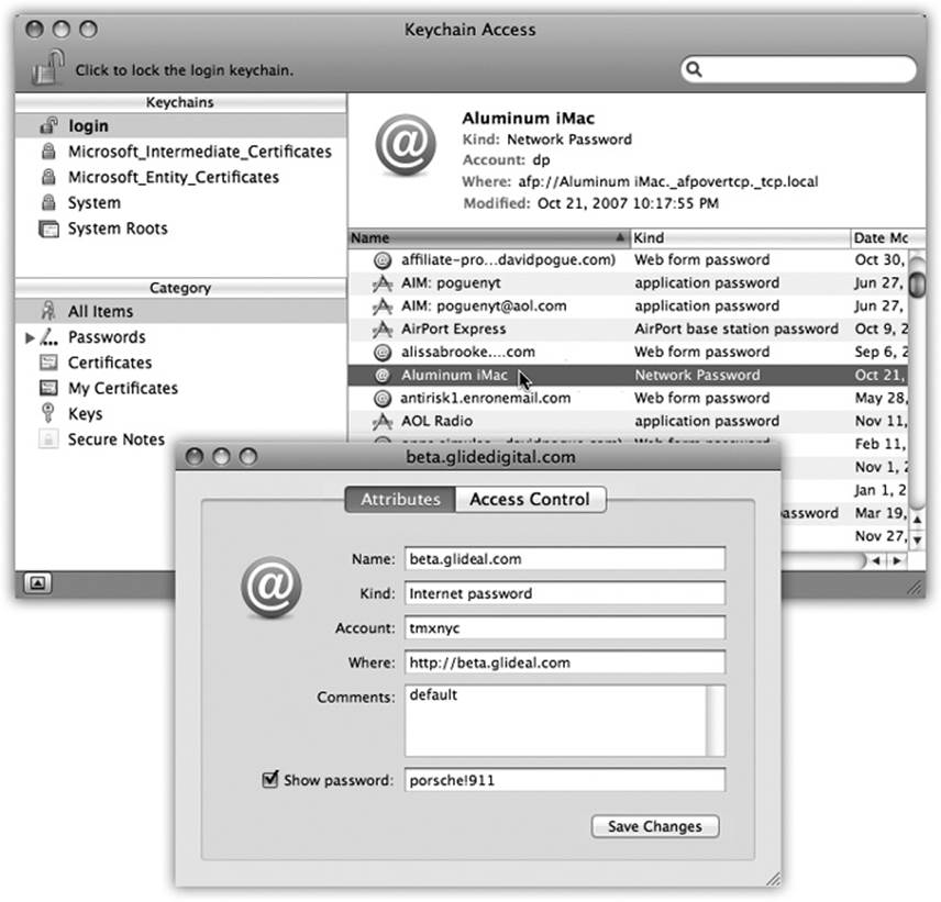 In the main Keychain list, you can double-click a listing for more details about a certain password—including the actual password it’s storing. To see the password, turn on “Show password.” The first time you try this, you’re asked to prove your worthiness by entering your Keychain password (usually your account password). If you then click Always Allow, you won’t be bothered for a password-to-see-this-password again.