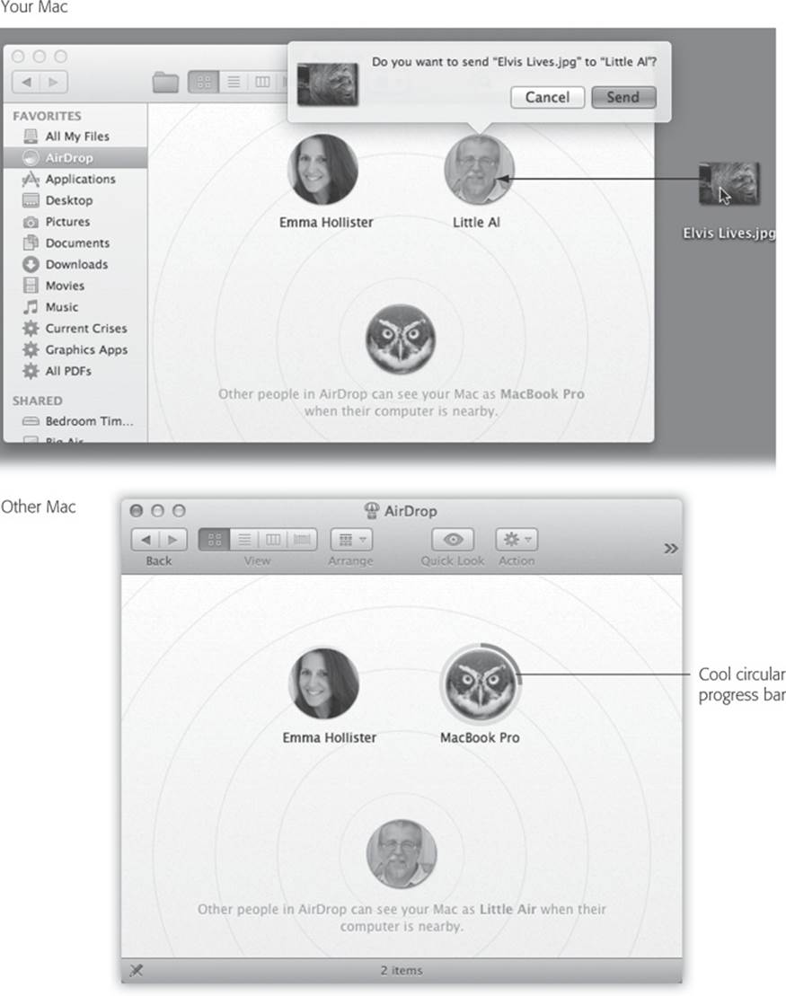 Top: If there are other Lion or later Macs within about 30 feet, you see their logged-in users’ icons here. Usually, the icons display the Mac owners’ account pictures; but if they have facial photos in your Contacts, then you see those instead.Bottom: Here’s what you see if you’re the recipient (and have clicked Save in the confirmation box). To find your newly arrived goodies, open your Downloads folder.